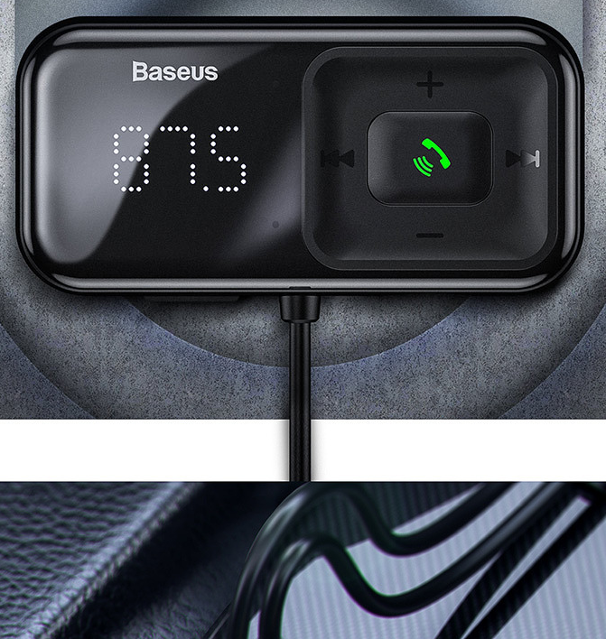 Baseus T typed S-16 Wireless MP3 Car Charger & FM-Transmitter (2-Port Ladegerät mit 15W und Bluetooth 5.0, untestützt TF-Karten bis 32Gb, Aux, USB), Schwarz