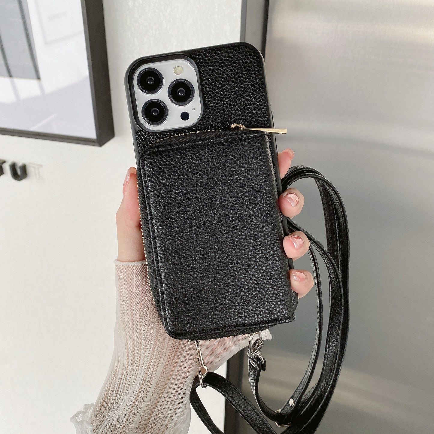 Handy-Lederschutzhülle mit Portemonnaie zum umhängen